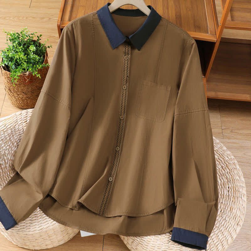Buddha Stones Summer Casual Minimalist Solid Contrast Trim Women's Long Sleeve Shirts With Patch Pocket - Peru - US8-10, UK/AU12-14, EU40-42 (2XL) - image 9