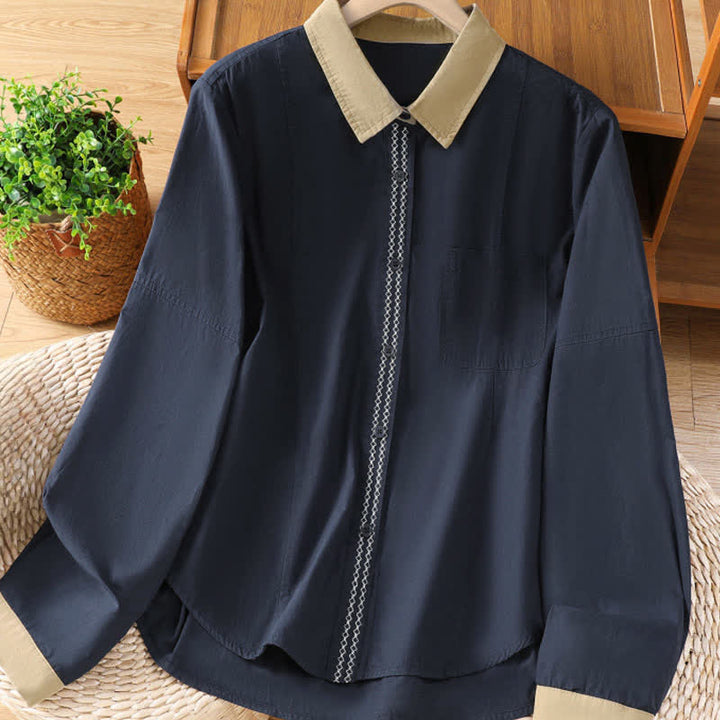 Buddha Stones Summer Casual Minimalist Solid Contrast Trim Women's Long Sleeve Shirts With Patch Pocket - MidnightBlue - US8-10, UK/AU12-14, EU40-42 (2XL) - image 0