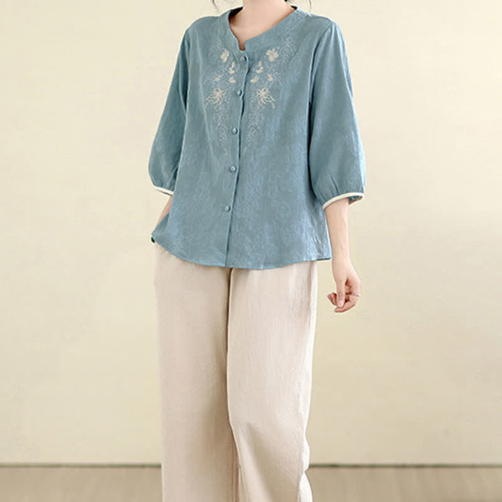 Buddha Stones Summer Vintage Tang Style Embroidery Floral Women's Three-Quarter Sleeve Shirts - image 19