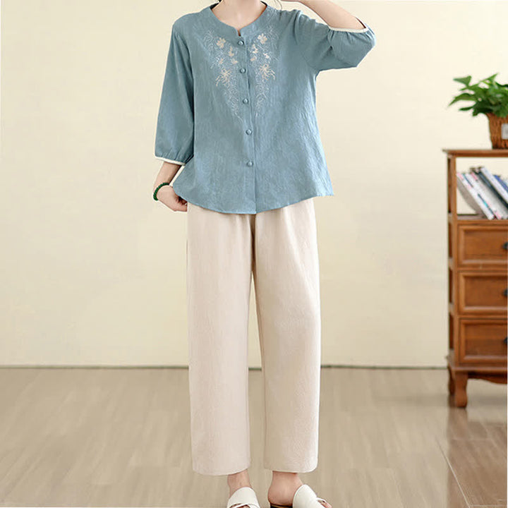 Buddha Stones Summer Vintage Tang Style Embroidery Floral Women's Three-Quarter Sleeve Shirts - image 21