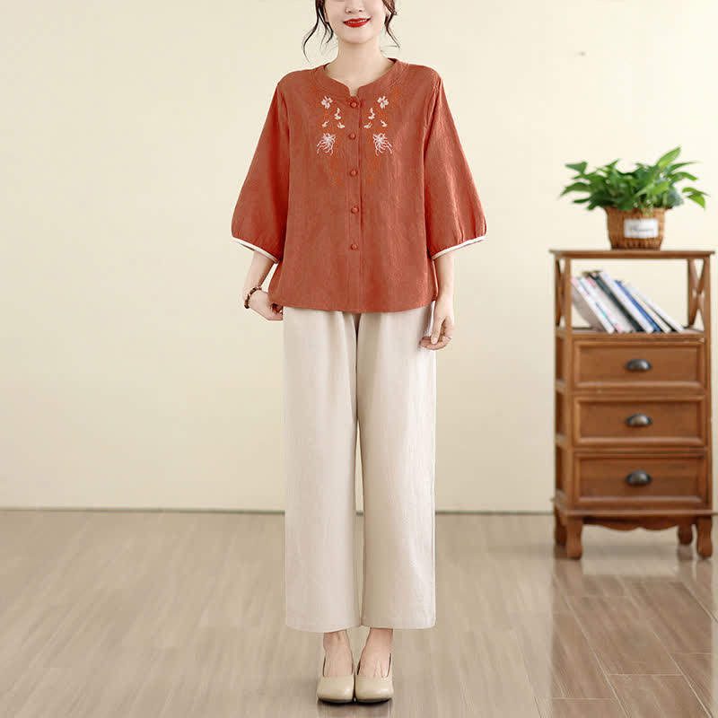 Buddha Stones Summer Vintage Tang Style Embroidery Floral Women's Three-Quarter Sleeve Shirts - image 13