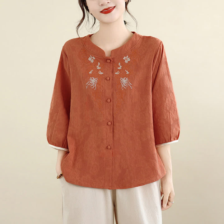 Buddha Stones Summer Vintage Tang Style Embroidery Floral Women's Three-Quarter Sleeve Shirts - Coral - US12, UK/AU16, EU44 (3XL) - image 10