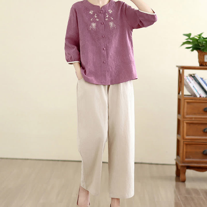 Buddha Stones Summer Vintage Tang Style Embroidery Floral Women's Three-Quarter Sleeve Shirts - image 4