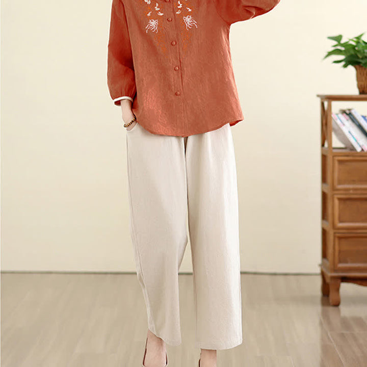 Buddha Stones Summer Vintage Tang Style Embroidery Floral Women's Three-Quarter Sleeve Shirts - image 17