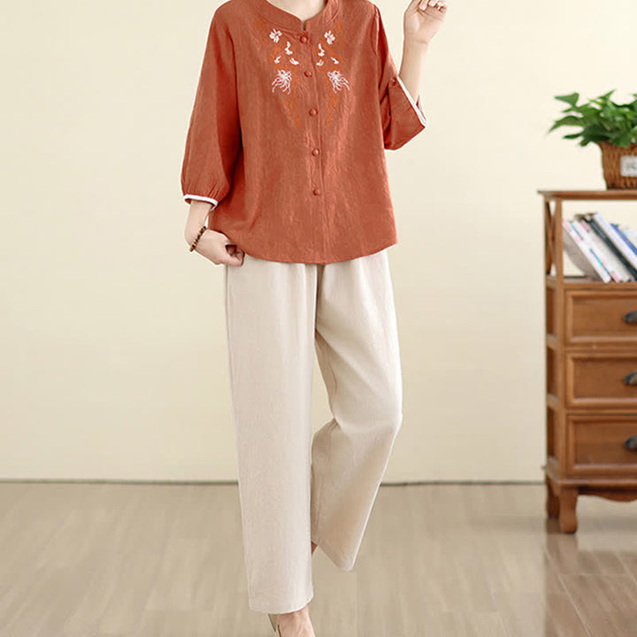 Buddha Stones Summer Vintage Tang Style Embroidery Floral Women's Three-Quarter Sleeve Shirts - image 14