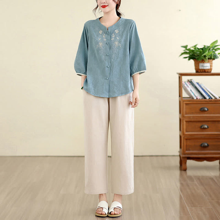 Buddha Stones Summer Vintage Tang Style Embroidery Floral Women's Three-Quarter Sleeve Shirts - image 22