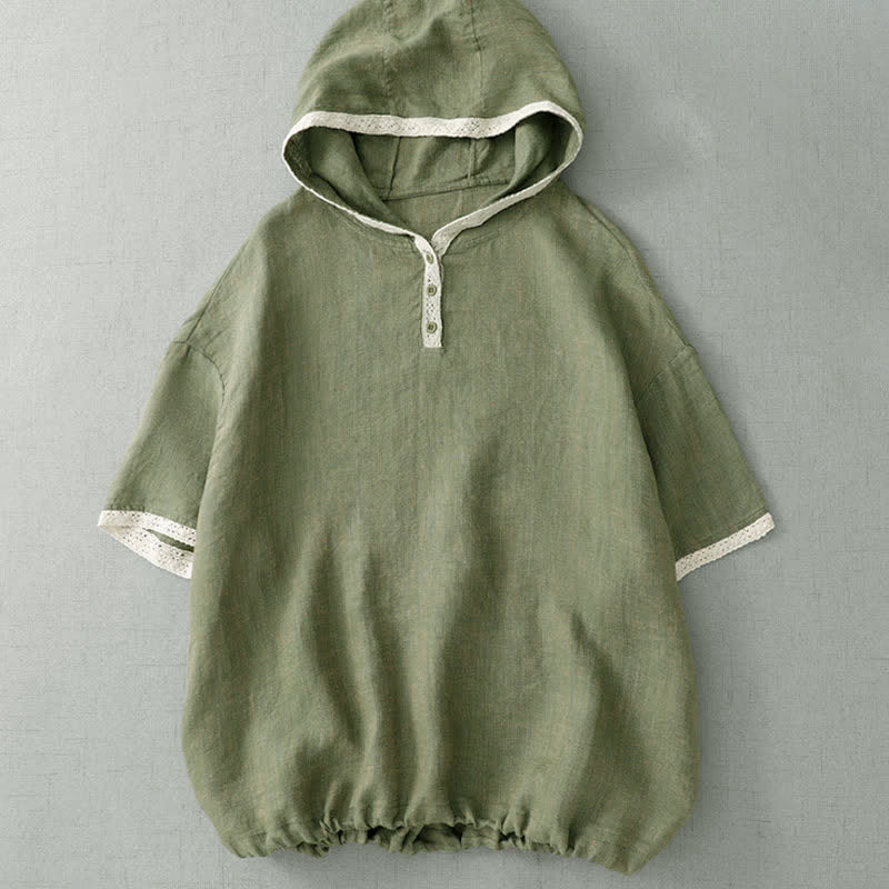 Buddha Stones Summer Casual Boho Button-Up Solid Green Hooded Lace Trim Women's Short Sleeve Shirts - DarkSeaGreen - US8-10, UK/AU12-14, EU40-42 (2XL) - image 0