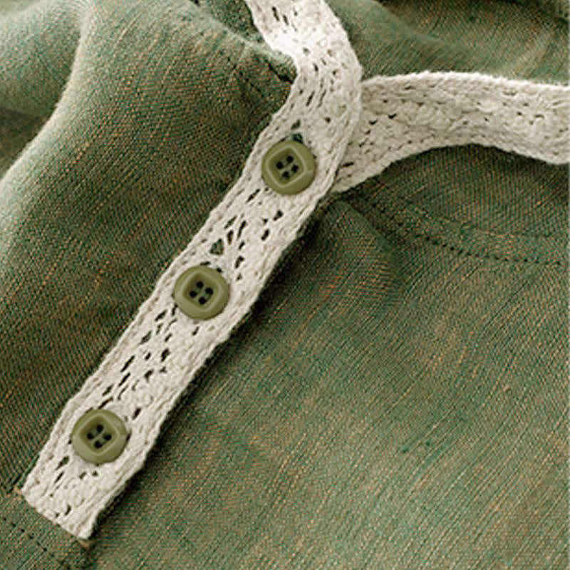 Buddha Stones Summer Casual Boho Button-Up Solid Green Hooded Lace Trim Women's Short Sleeve Shirts - image 5