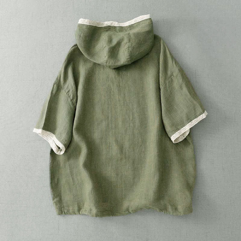 Buddha Stones Summer Casual Boho Button-Up Solid Green Hooded Lace Trim Women's Short Sleeve Shirts - image 1