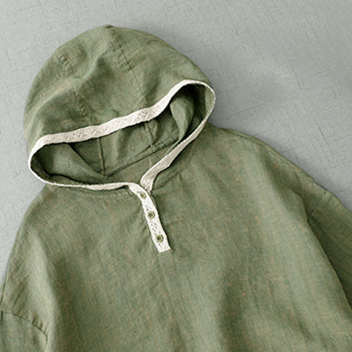 Buddha Stones Summer Casual Boho Button-Up Solid Green Hooded Lace Trim Women's Short Sleeve Shirts - image 3