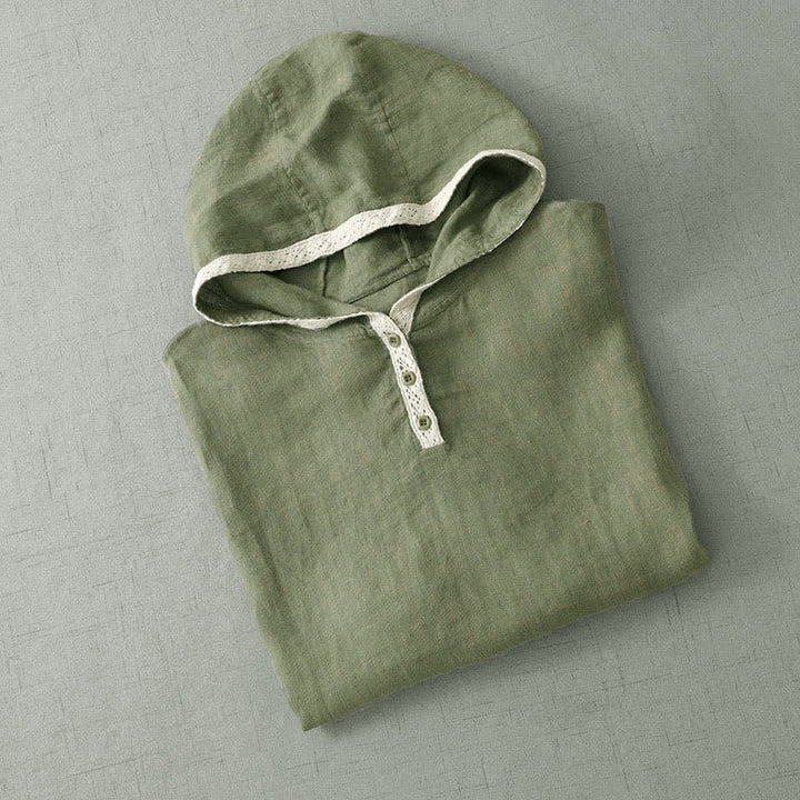 Buddha Stones Summer Casual Boho Button-Up Solid Green Hooded Lace Trim Women's Short Sleeve Shirts - image 2