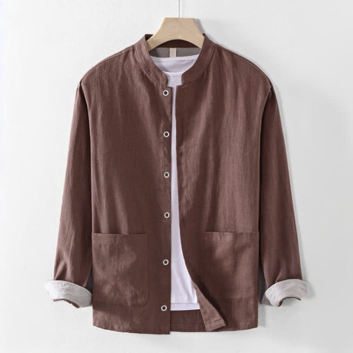Buddha Stones Spring Summer Casual Tang Style Mandarin Collar Solid Men's Long Sleeve Shirts With Pocket - Sienna - US/UK/AU44, EU54 (4XL) - image 0