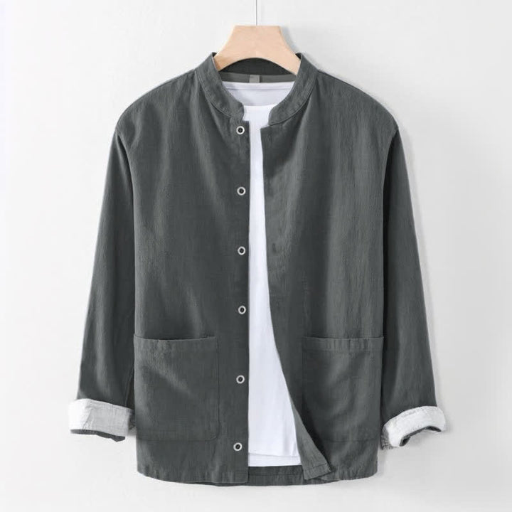Buddha Stones Spring Summer Casual Tang Style Mandarin Collar Solid Men's Long Sleeve Shirts With Pocket - DimGray - US/UK/AU44, EU54 (4XL) - image 3