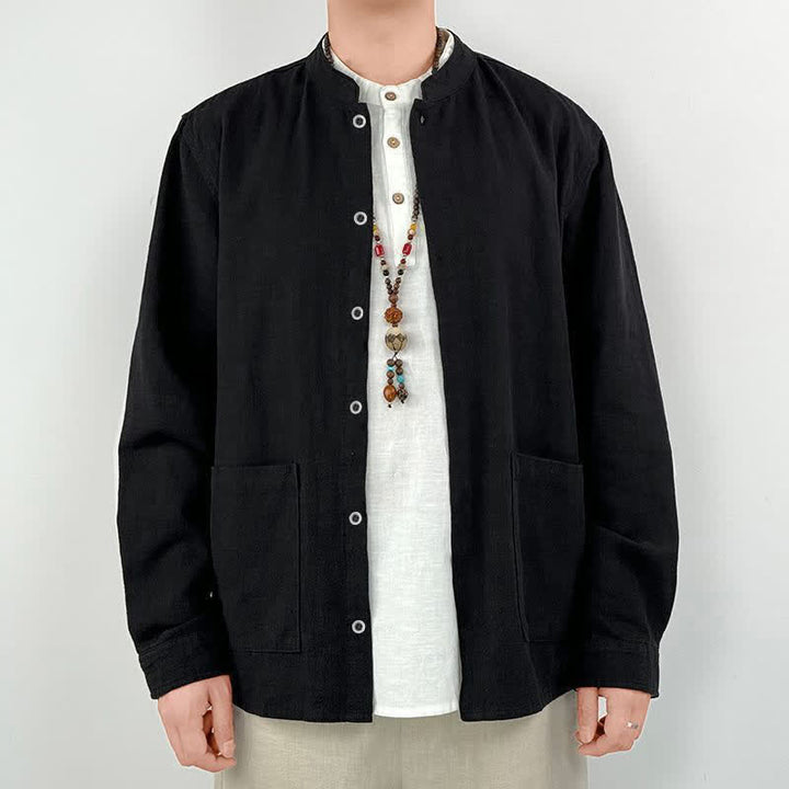 Buddha Stones Spring Summer Casual Tang Style Mandarin Collar Solid Men's Long Sleeve Shirts With Pocket - Black - US/UK/AU44, EU54 (4XL) - image 12