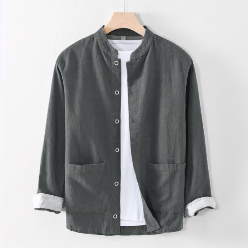 Buddha Stones Spring Summer Casual Tang Style Mandarin Collar Solid Men's Long Sleeve Shirts With Pocket - DimGray - US/UK/AU44, EU54 (4XL) - image 3