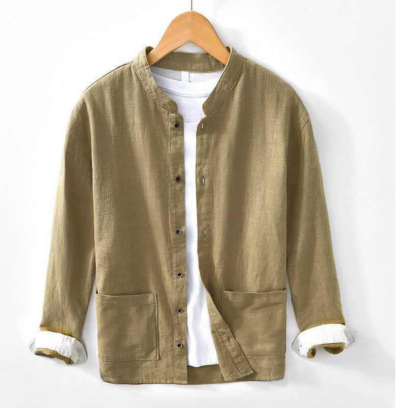 Buddha Stones Spring Summer Casual Tang Style Mandarin Collar Solid Men's Long Sleeve Shirts With Pocket - Khaki - US/UK/AU44, EU54 (4XL) - image 13