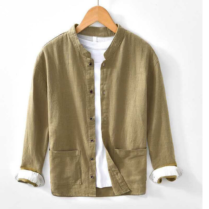 Buddha Stones Spring Summer Casual Tang Style Mandarin Collar Solid Men's Long Sleeve Shirts With Pocket - Khaki - US/UK/AU44, EU54 (4XL) - image 13