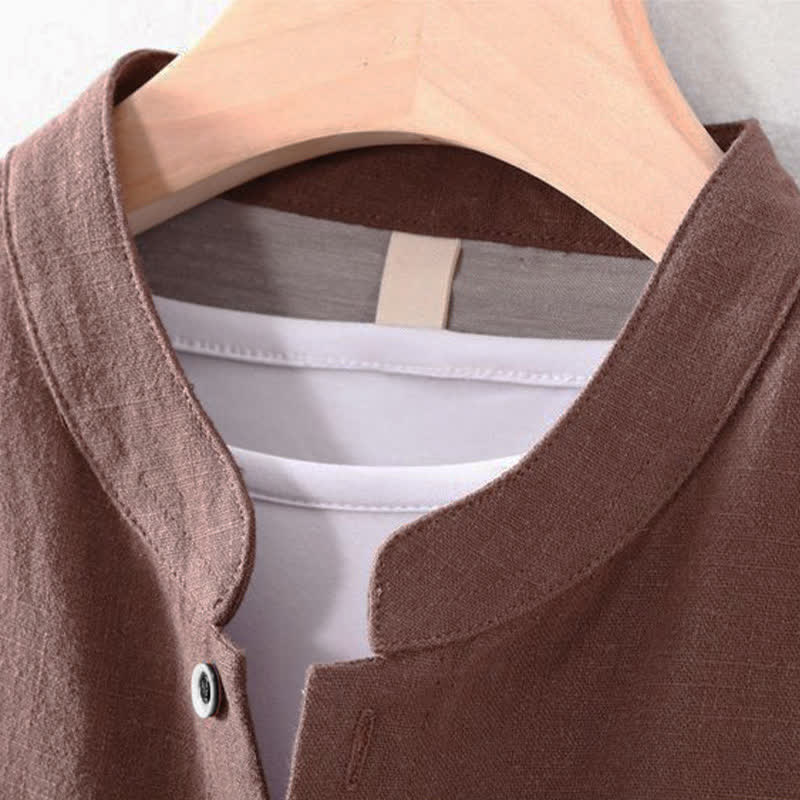 Buddha Stones Spring Summer Casual Tang Style Mandarin Collar Solid Men's Long Sleeve Shirts With Pocket - image 1