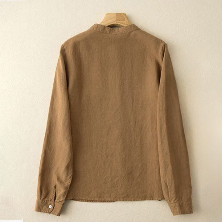 Buddha Stones Fall Casual Tang Style Mandarin Collar Solid Women's Long Sleeve Shirts - image 10