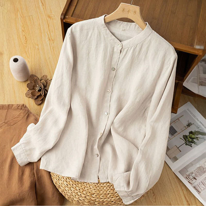 Buddha Stones Fall Casual Tang Style Mandarin Collar Solid Women's Long Sleeve Shirts - image 19