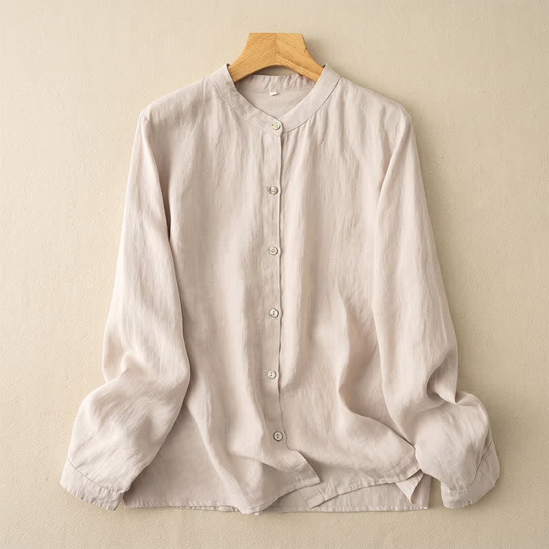 Buddha Stones Fall Casual Tang Style Mandarin Collar Solid Women's Long Sleeve Shirts - Beige - US12, UK/AU16, EU44 (3XL) - image 18