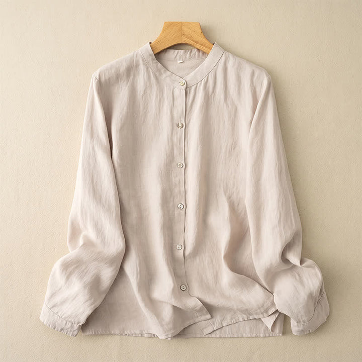 Buddha Stones Fall Casual Tang Style Mandarin Collar Solid Women's Long Sleeve Shirts - Beige - US12, UK/AU16, EU44 (3XL) - image 18
