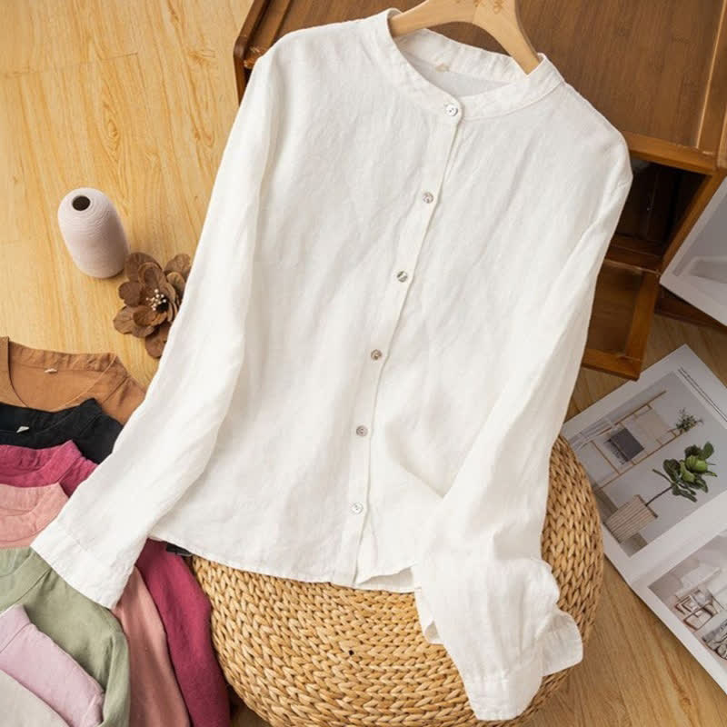 Buddha Stones Fall Casual Tang Style Mandarin Collar Solid Women's Long Sleeve Shirts - image 23