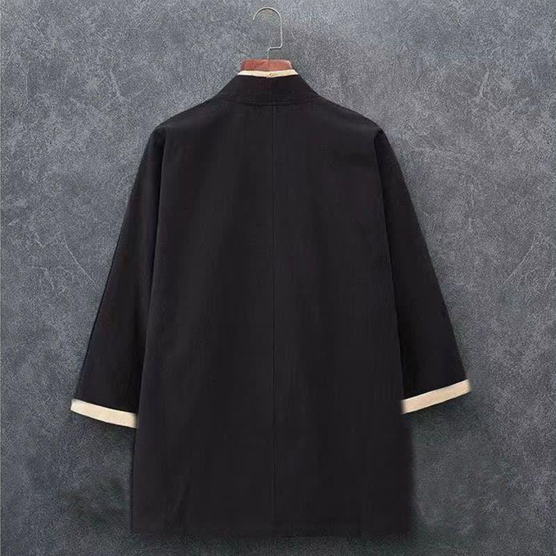 Buddha Stones Spring Summer Minimalist Casual Knot Button Solid Cotton Three-Quarter Sleeve Men's Kimono - image 3