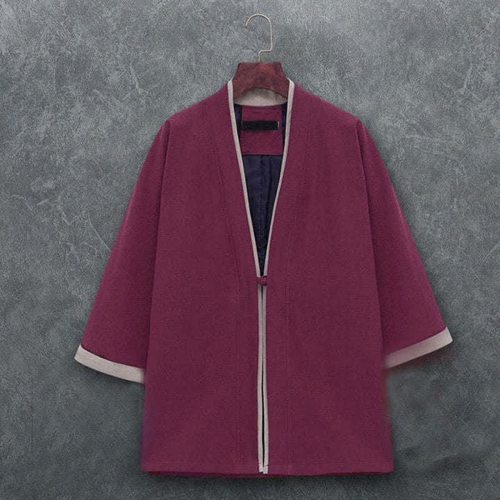 Buddha Stones Spring Summer Minimalist Casual Knot Button Solid Cotton Three-Quarter Sleeve Men's Kimono - Maroon - US/UK/AU46, EU56 (5XL) - image 10