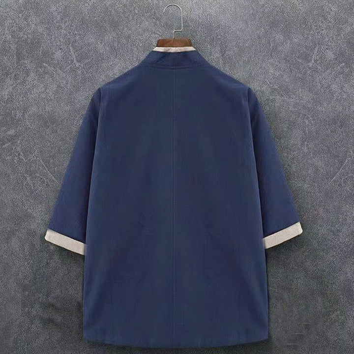 Buddha Stones Spring Summer Minimalist Casual Knot Button Solid Cotton Three-Quarter Sleeve Men's Kimono - image 1
