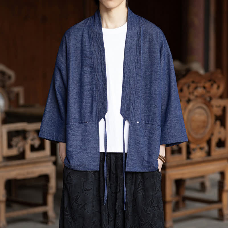 Buddha Stones Spring Summer Casual Minimalist Drawstring Solid Three-Quarter Sleeve Men's Kimono With Pocket - DarkSlateBlue - US/UK/AU46, EU56 (5XL) - image 0