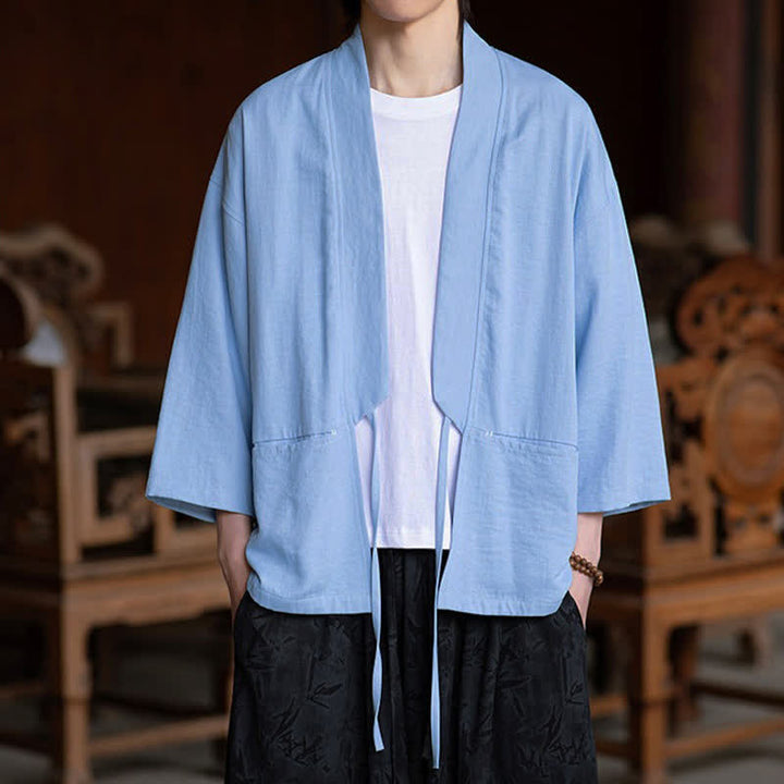 Buddha Stones Spring Summer Casual Minimalist Drawstring Solid Three-Quarter Sleeve Men's Kimono With Pocket - image 11
