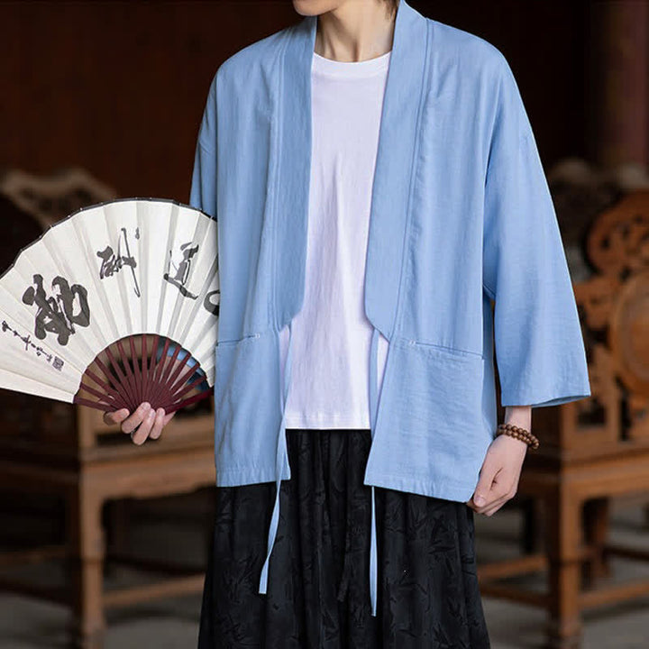 Buddha Stones Spring Summer Casual Minimalist Drawstring Solid Three-Quarter Sleeve Men's Kimono With Pocket - image 13