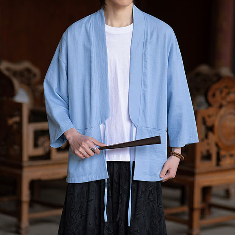Buddha Stones Spring Summer Casual Minimalist Drawstring Solid Three-Quarter Sleeve Men's Kimono With Pocket - image 15