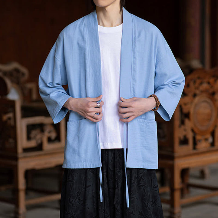 Buddha Stones Spring Summer Casual Minimalist Drawstring Solid Three-Quarter Sleeve Men's Kimono With Pocket - image 14