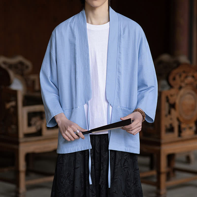 Buddha Stones Spring Summer Casual Minimalist Drawstring Solid Three-Quarter Sleeve Men's Kimono With Pocket - image 12