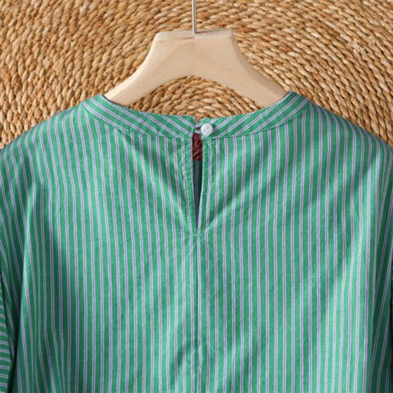 Buddha Stones Spring Casual Minimalist Green Striped Crew Neck Women's Long Sleeve T-Shirt - image 4