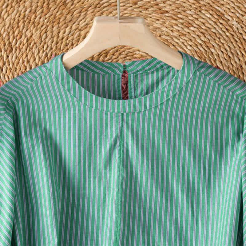 Buddha Stones Spring Casual Minimalist Green Striped Crew Neck Women's Long Sleeve T-Shirt - image 3