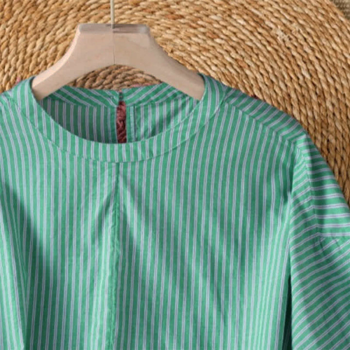 Buddha Stones Spring Casual Minimalist Green Striped Crew Neck Women's Long Sleeve T-Shirt - image 5
