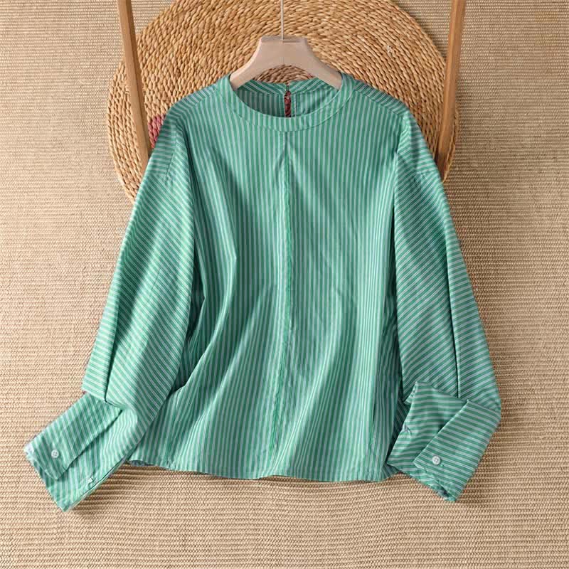 Buddha Stones Spring Casual Minimalist Green Striped Crew Neck Women's Long Sleeve T-Shirt - MediumAquamarine - US14, UK/AU18, EU46 (2XL) - image 0
