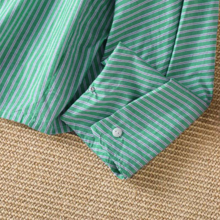 Buddha Stones Spring Casual Minimalist Green Striped Crew Neck Women's Long Sleeve T-Shirt - image 9