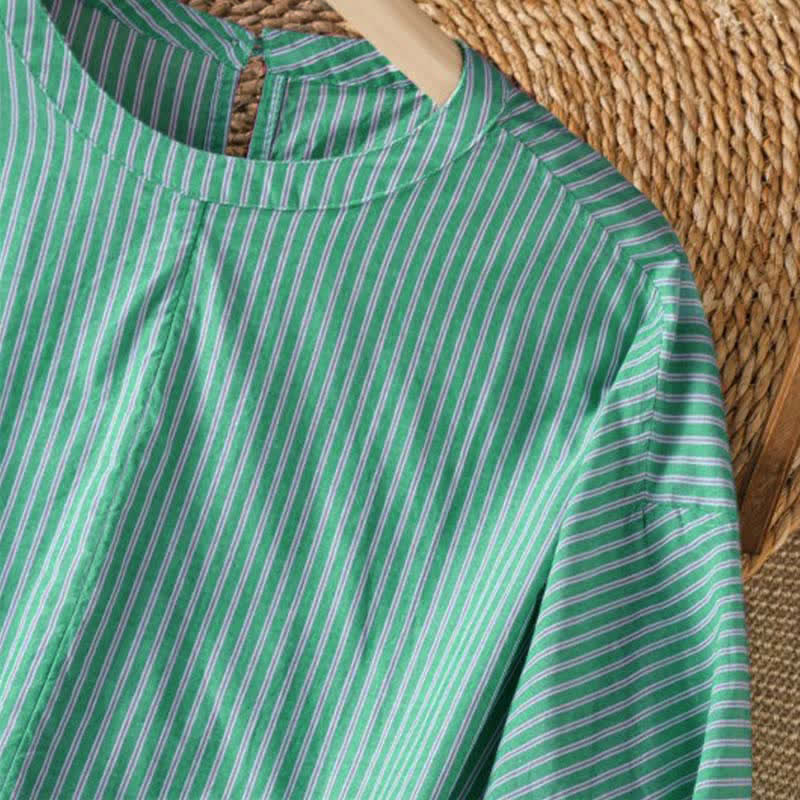 Buddha Stones Spring Casual Minimalist Green Striped Crew Neck Women's Long Sleeve T-Shirt - image 6