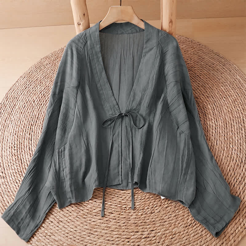 Buddha Stones Summer Casual Boho Wrinkle Design Drawstring Solid Women's Kimono - SlateGray - US14, UK/AU18, EU46 (2XL) - image 32