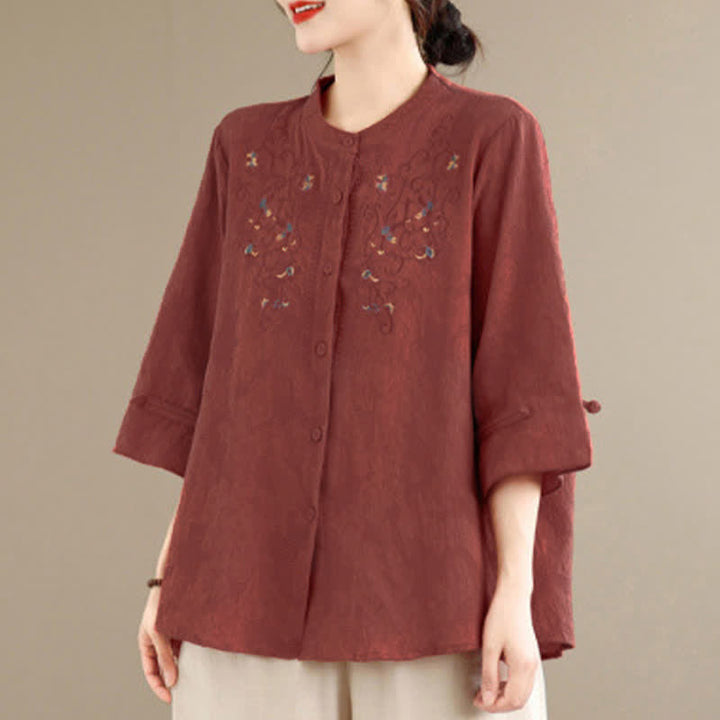 Buddha Stones Spring Summer Vintage Tang Style Embroidery Mandarin Collar Floral Women's Long Sleeve Shirts - image 4