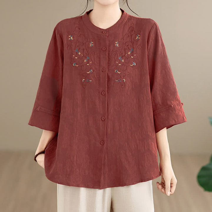 Buddha Stones Spring Summer Vintage Tang Style Embroidery Mandarin Collar Floral Women's Long Sleeve Shirts - image 1