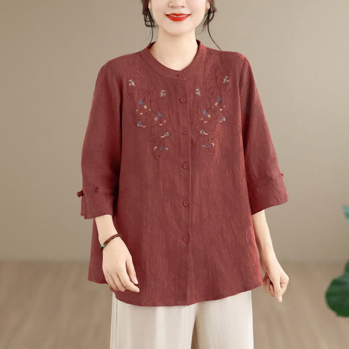Buddha Stones Spring Summer Vintage Tang Style Embroidery Mandarin Collar Floral Women's Long Sleeve Shirts - image 3