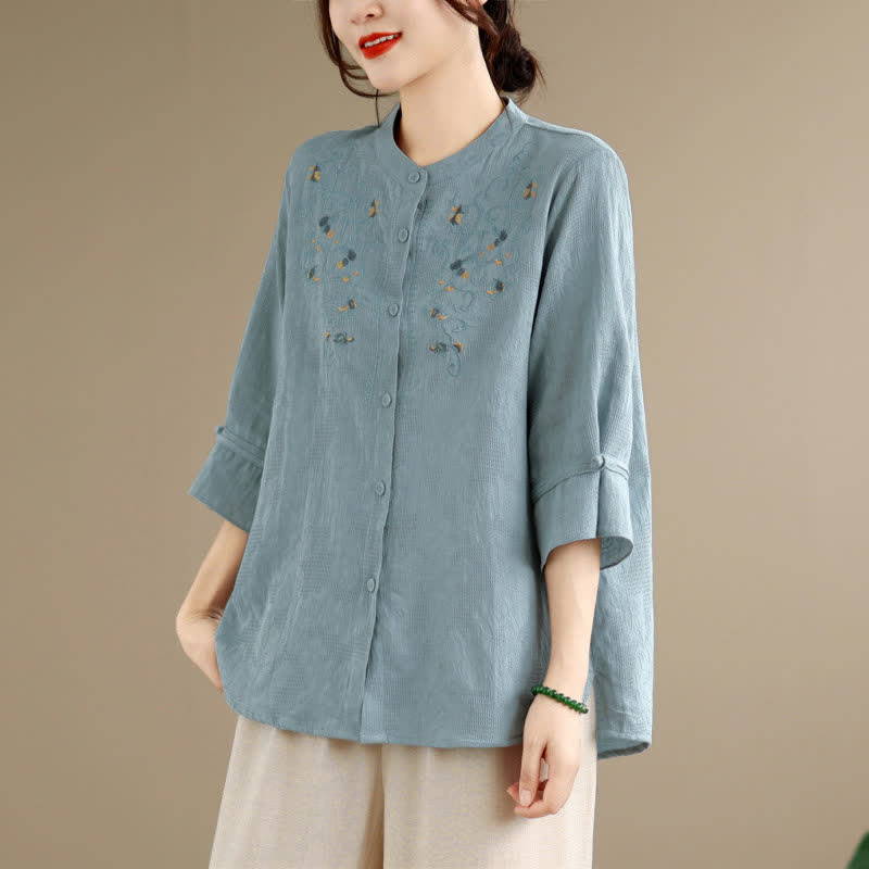 Buddha Stones Spring Summer Vintage Tang Style Embroidery Mandarin Collar Floral Women's Long Sleeve Shirts - LightBlue - US12, UK/AU16, EU44 (3XL) - image 10