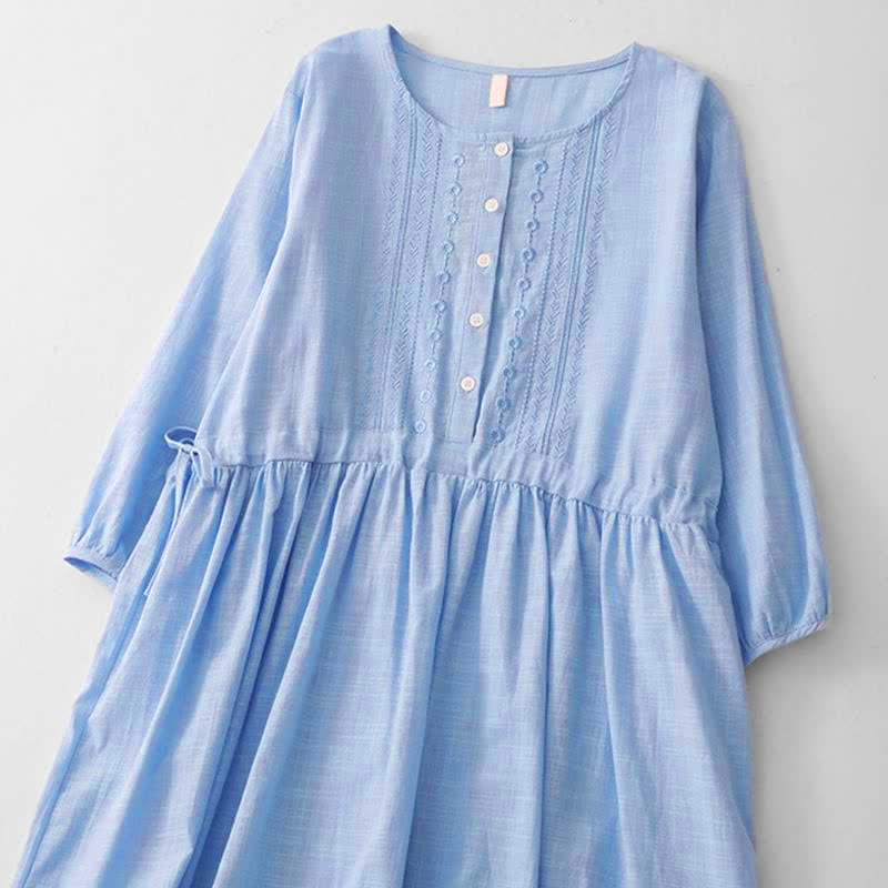 Buddha Stones Spring Summer Casual Vintage Button-Up Drawstring Solid Crew Neck Women's Three-Quarter Sleeve Dress - image 2