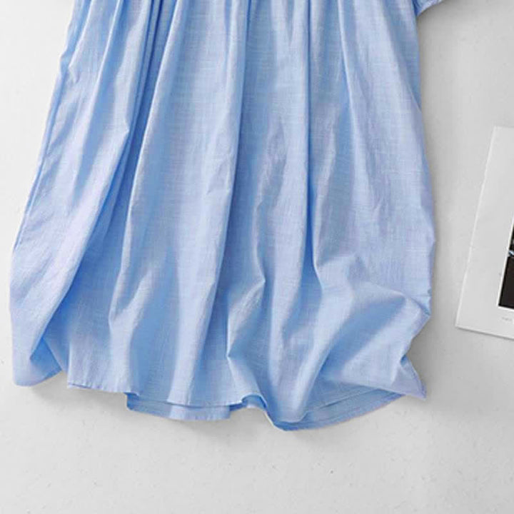 Buddha Stones Spring Summer Casual Vintage Button-Up Drawstring Solid Crew Neck Women's Three-Quarter Sleeve Dress - image 7