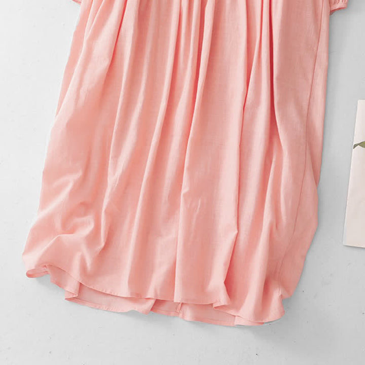 Buddha Stones Spring Summer Casual Vintage Button-Up Drawstring Solid Crew Neck Women's Three-Quarter Sleeve Dress - image 15